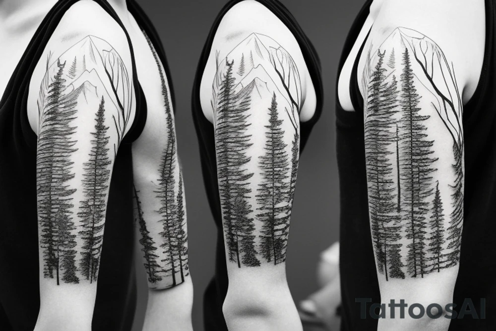 half sleeve forest with background mountain range tattoo idea