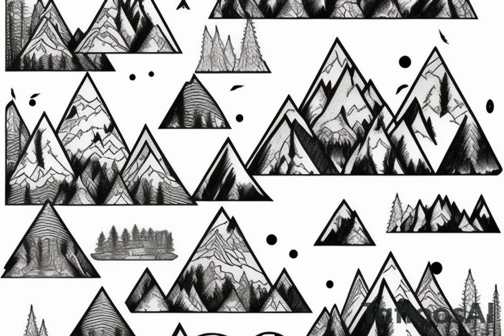 half sleeve forest with background mountain range seen from afar tattoo idea