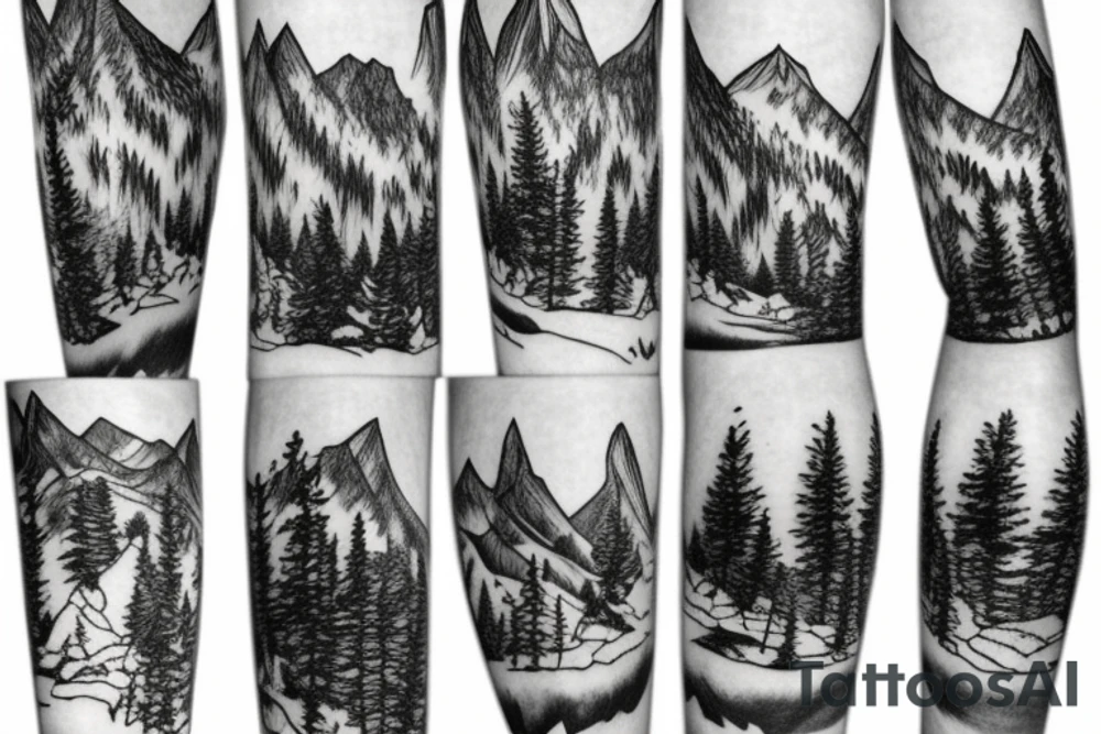 half sleeve forest with background mountain range seen from afar tattoo idea