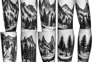 half sleeve forest with background mountain range seen from afar tattoo idea