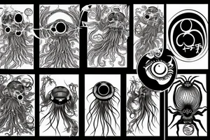 yakuza style,gargon's jellyfish, spider, nmap, bat, eye, scorpion, background tattoo idea