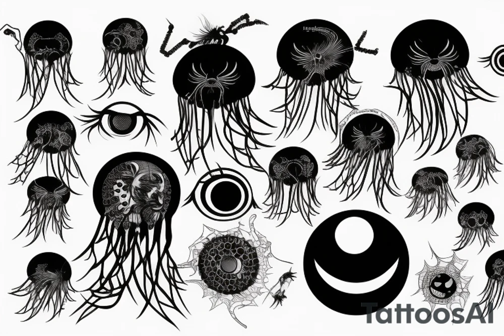 yakuza style,gargon's jellyfish, spider, nmap, bat, eye, scorpion, background tattoo idea