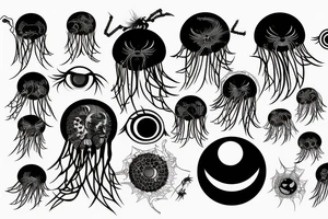 yakuza style,gargon's jellyfish, spider, nmap, bat, eye, scorpion, background tattoo idea