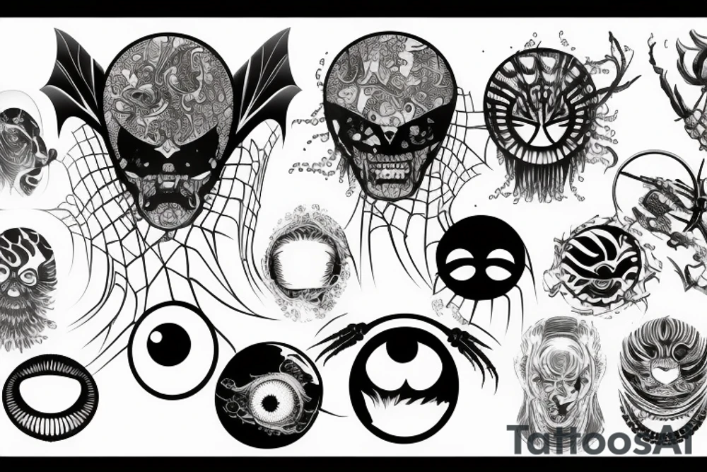 yakuza style,gargon's jellyfish, spider, nmap, bat, eye, scorpion, background tattoo idea