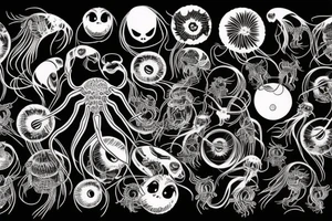 yakuza style,gargon's jellyfish, spider, nmap, bat, eye, scorpion, background tattoo idea