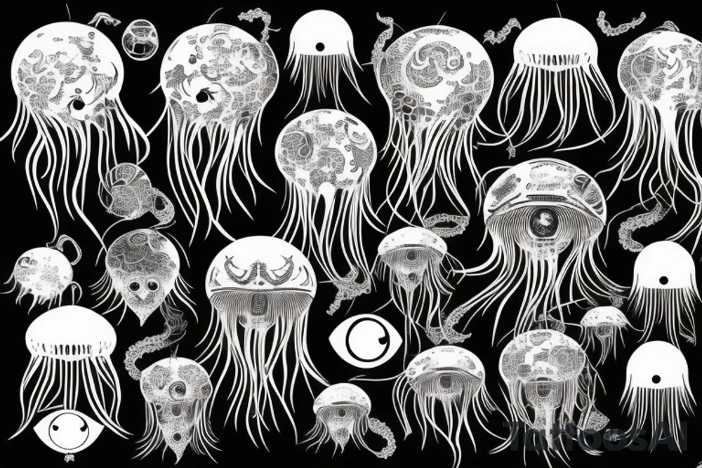 yakuza style,gargon's jellyfish, spider, nmap, bat, eye, scorpion, background tattoo idea