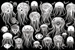 yakuza style,gargon's jellyfish, spider, nmap, bat, eye, scorpion, background tattoo idea