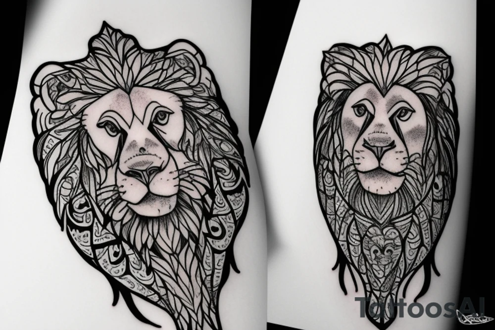 A lovely lion and a lucky cat under a big tree tattoo idea