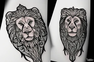 A lovely lion and a lucky cat under a big tree tattoo idea