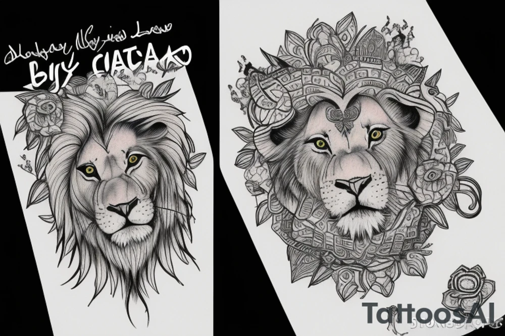 A lovely lion and a lucky cat under a big tree tattoo idea