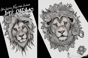 A lovely lion and a lucky cat under a big tree tattoo idea