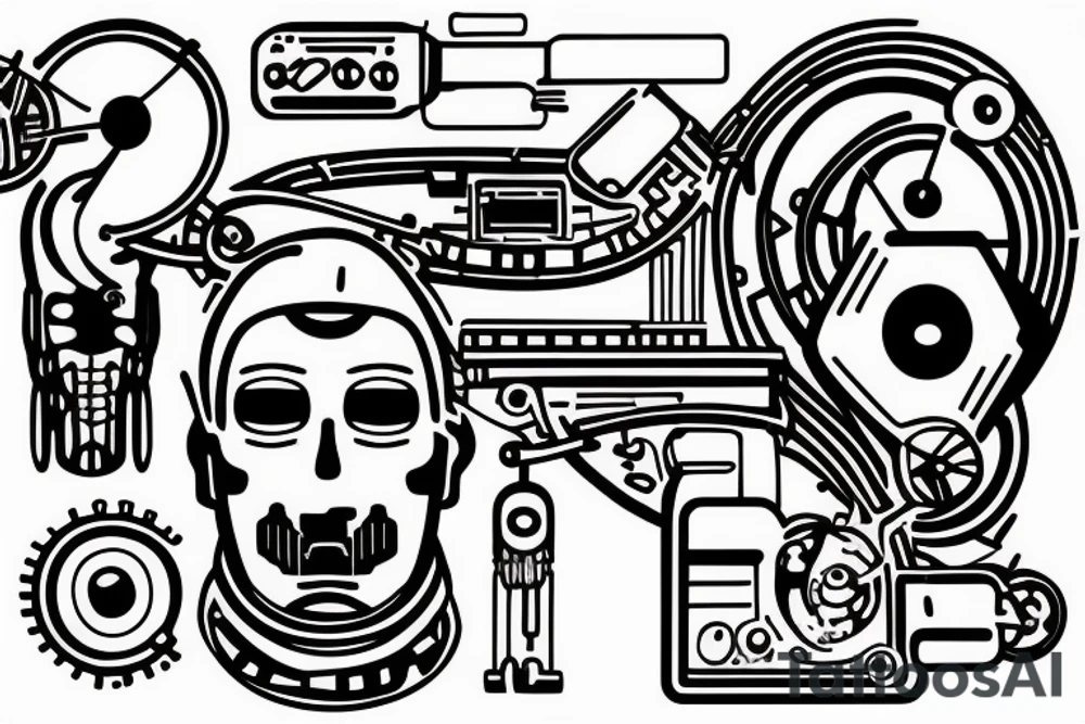 turing machine, infinite tape with 0 and 1 going along the arms, and the reading head is on the back of the head tattoo idea