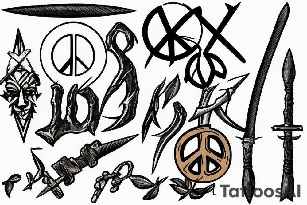 Peace sign with spears and a sword tattoo idea