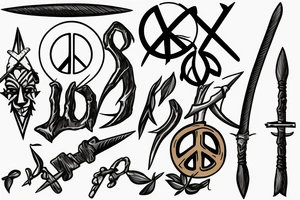 Peace sign with spears and a sword tattoo idea