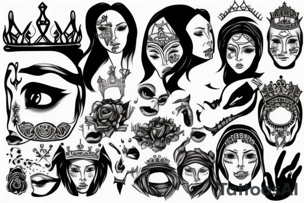 a crown , open eye , taped mouth , open ear , soul in mind , no emotion in heart , fear is just illusion in a gods face tattoo idea