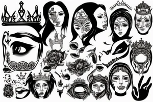a crown , open eye , taped mouth , open ear , soul in mind , no emotion in heart , fear is just illusion in a gods face tattoo idea