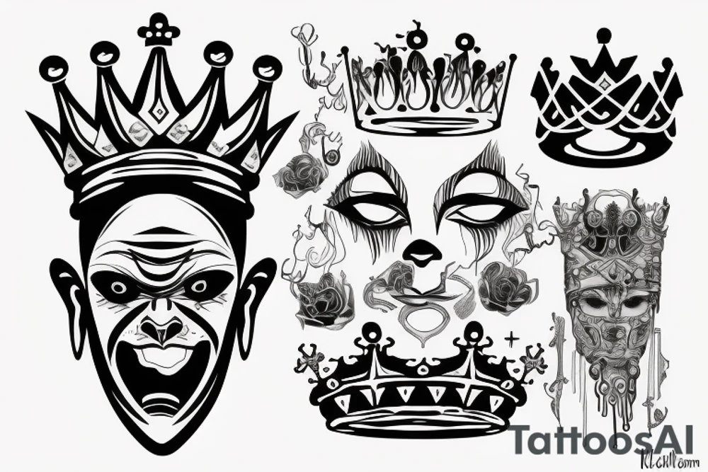 a crown , open eye , taped mouth , open ear , soul in mind , no emotion in heart , fear is just illusion in a gods face tattoo idea