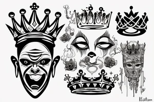 a crown , open eye , taped mouth , open ear , soul in mind , no emotion in heart , fear is just illusion in a gods face tattoo idea