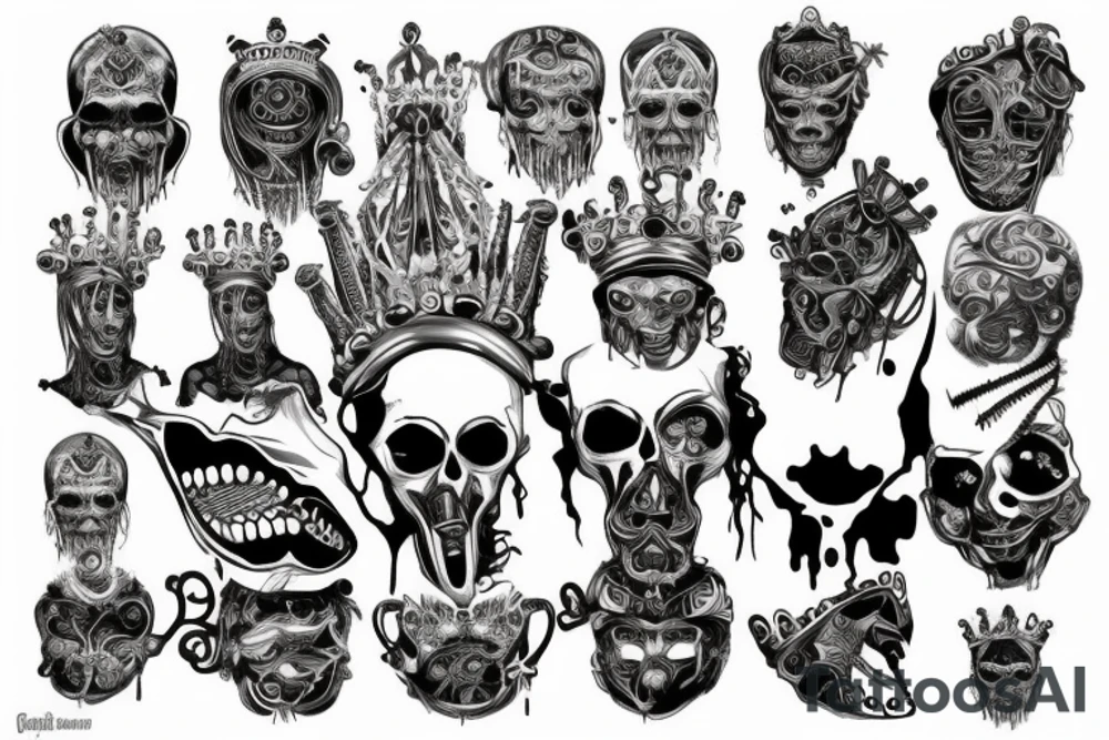 a crown, open eye, taped mouth, open ear, soul in mind, no emotion in heart, fear is just illusion in a gods face tattoo idea