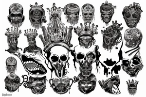 a crown, open eye, taped mouth, open ear, soul in mind, no emotion in heart, fear is just illusion in a gods face tattoo idea