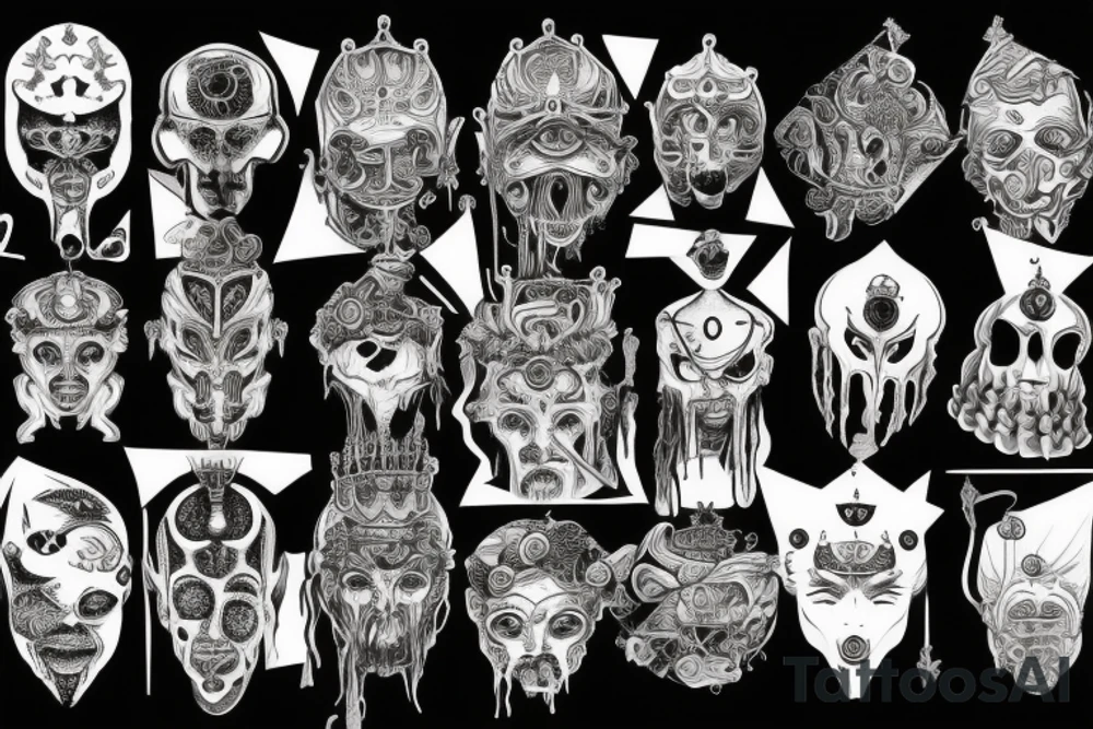 a crown, open eye, taped mouth, open ear, soul in mind, no emotion in heart, fear is just illusion in a gods face tattoo idea