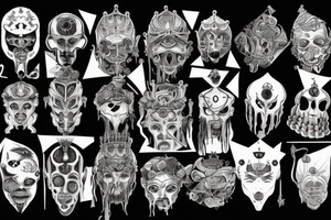 a crown, open eye, taped mouth, open ear, soul in mind, no emotion in heart, fear is just illusion in a gods face tattoo idea