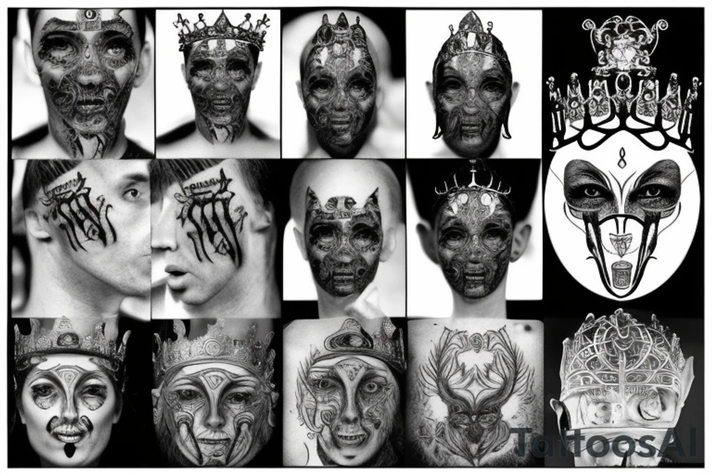 only one image of a crown, open eye, taped mouth, an open ear, soul in mind, no emotion in heart, fear is just illusion in a gods face tattoo idea