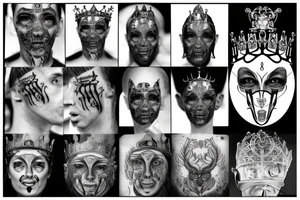 only one image of a crown, open eye, taped mouth, an open ear, soul in mind, no emotion in heart, fear is just illusion in a gods face tattoo idea