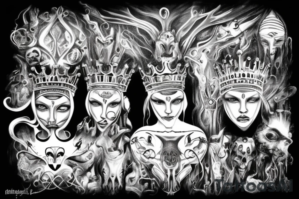 only one image of a crown, open eye, taped mouth, an open ear, soul in mind, no emotion in heart, fear is just illusion in a gods face tattoo idea