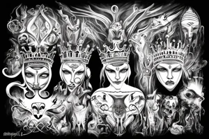 only one image of a crown, open eye, taped mouth, an open ear, soul in mind, no emotion in heart, fear is just illusion in a gods face tattoo idea