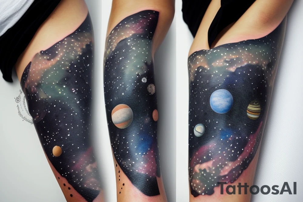 Right arm sleeve tattoo of the solar system and milky way galaxy tattoo idea