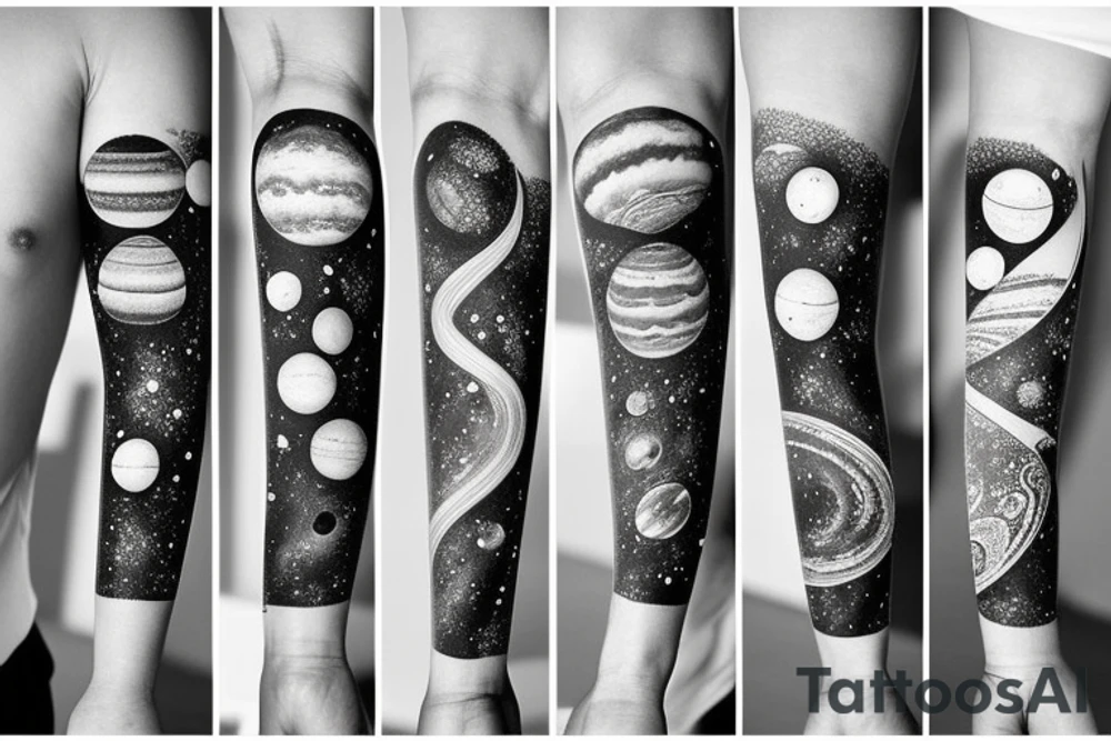 Right arm sleeve tattoo of the solar system and milky tattoo idea