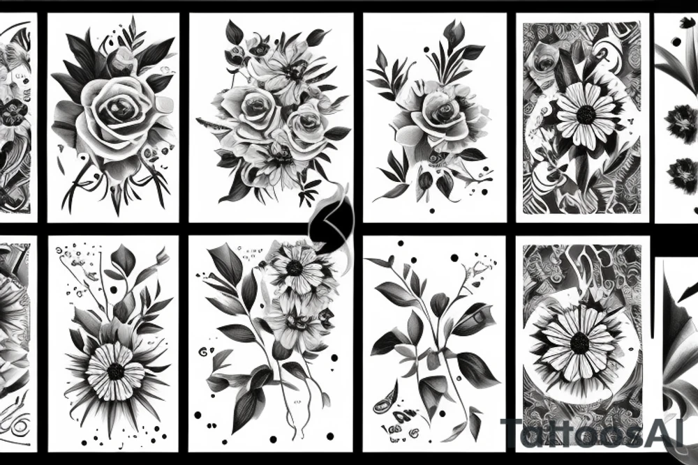 ramo de flores de olivo, girasol, linea fina tattoo idea