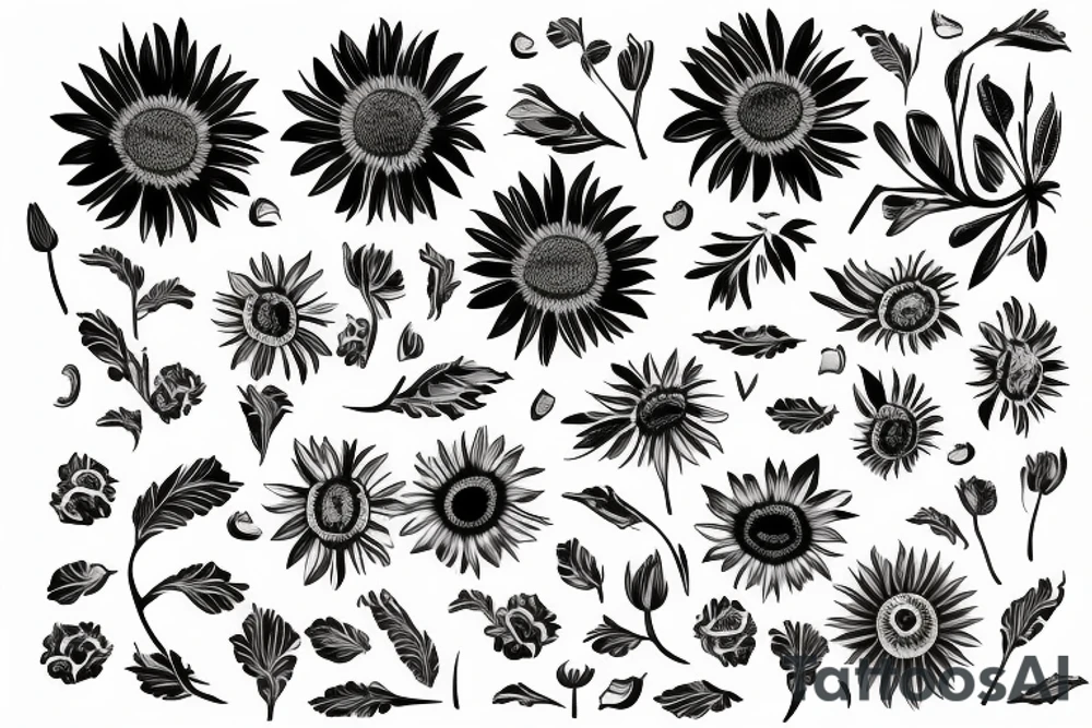 ramo de flores de olivo, girasol, linea fina tattoo idea