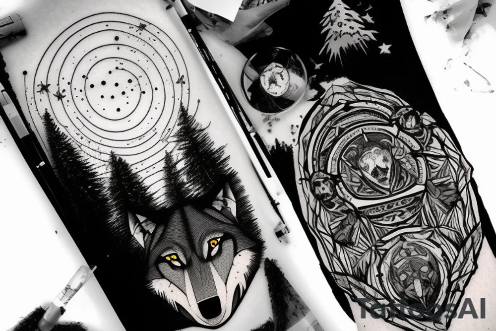 against the backdrop of mountains, with pine trees, a wolf howls, fog, a meteorite falls tattoo idea