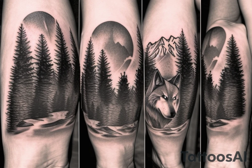 against the backdrop of mountains, with pine trees, a wolf howls, fog, a meteorite falls tattoo idea