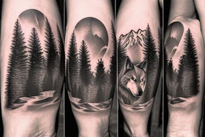 against the backdrop of mountains, with pine trees, a wolf howls, fog, a meteorite falls tattoo idea