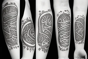 on the forearm, Arabic symbols, for peace and happiness, against the background of the Koran tattoo idea