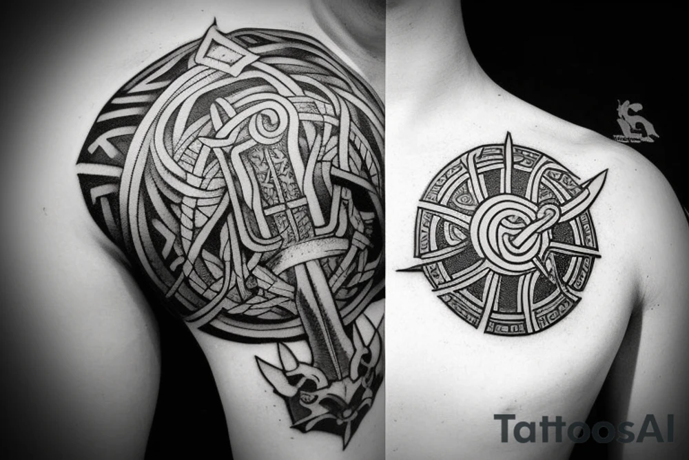 Norse mythology based Mjolnir tattoo on shoulder going down arm. Mjolnir with Odin's head at the top. tattoo idea