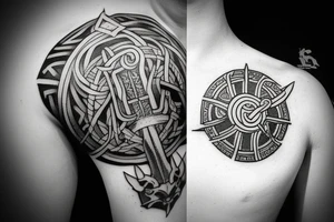 Norse mythology based Mjolnir tattoo on shoulder going down arm. Mjolnir with Odin's head at the top. tattoo idea