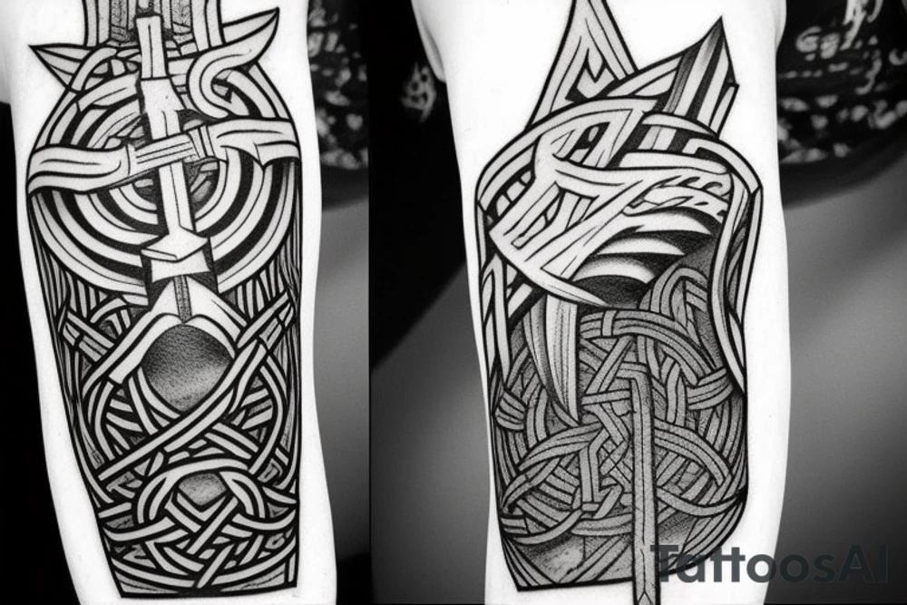 Norse mythology based Mjolnir tattoo on shoulder going down arm. Mjolnir with Odin's head at the top. tattoo idea
