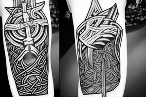 Norse mythology based Mjolnir tattoo on shoulder going down arm. Mjolnir with Odin's head at the top. tattoo idea