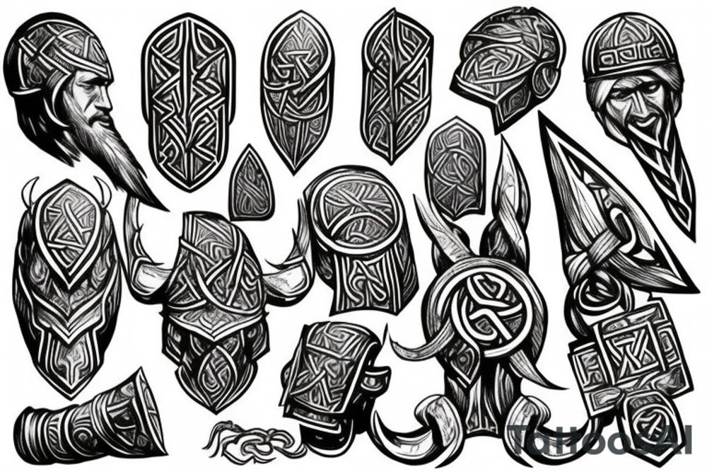Norse mythology based Mjolnir with odins head tattoo on shoulder going down arm. tattoo idea