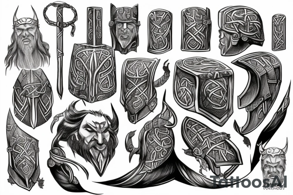 Norse mythology based Mjolnir with odins head tattoo on shoulder going down arm. tattoo idea