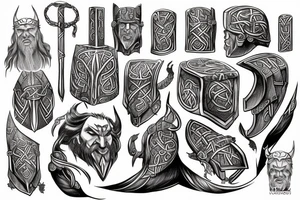 Norse mythology based Mjolnir with odins head tattoo on shoulder going down arm. tattoo idea
