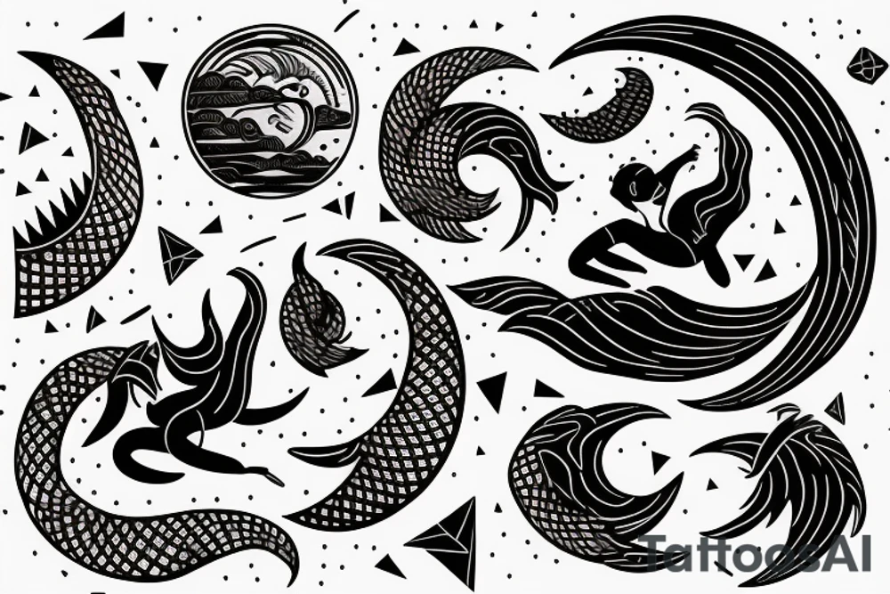 a woman surrounded by dragons and a backdrop of the moon with additional waves and mountains tattoo idea