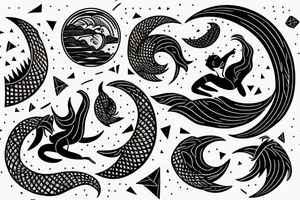 a woman surrounded by dragons and a backdrop of the moon with additional waves and mountains tattoo idea