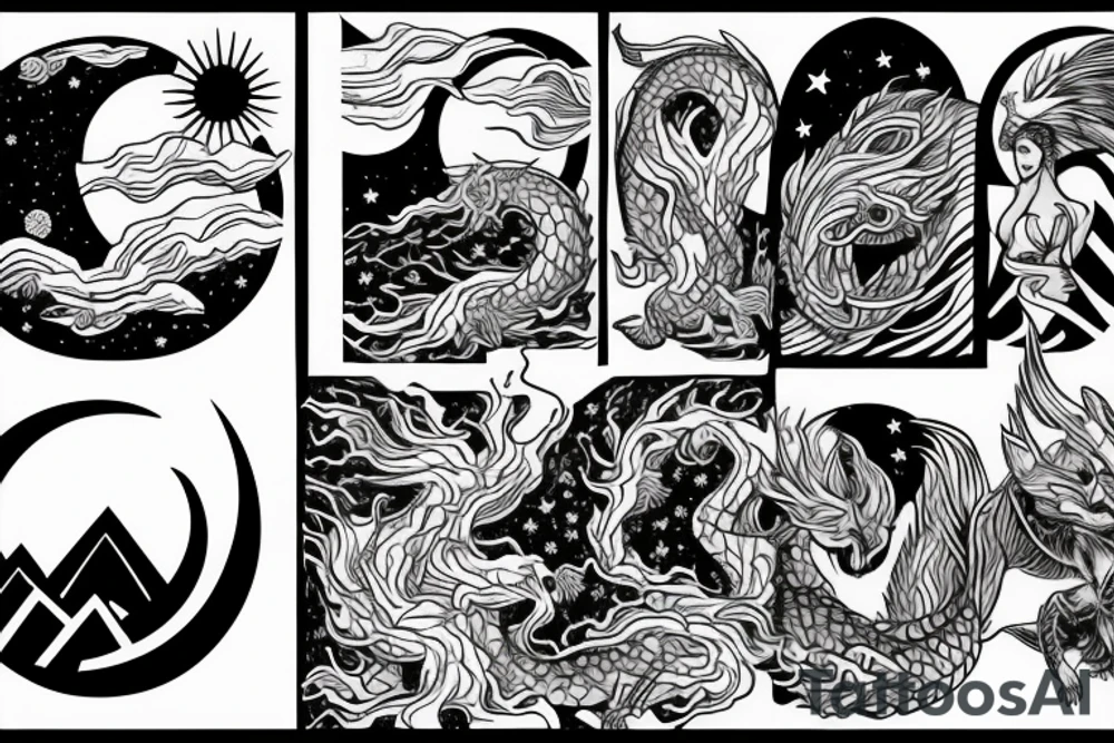 a woman surrounded by dragons and a backdrop of the moon with additional waves and mountains tattoo idea