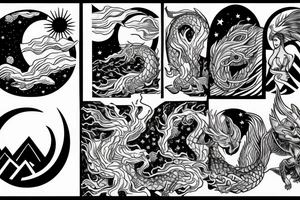 a woman surrounded by dragons and a backdrop of the moon with additional waves and mountains tattoo idea