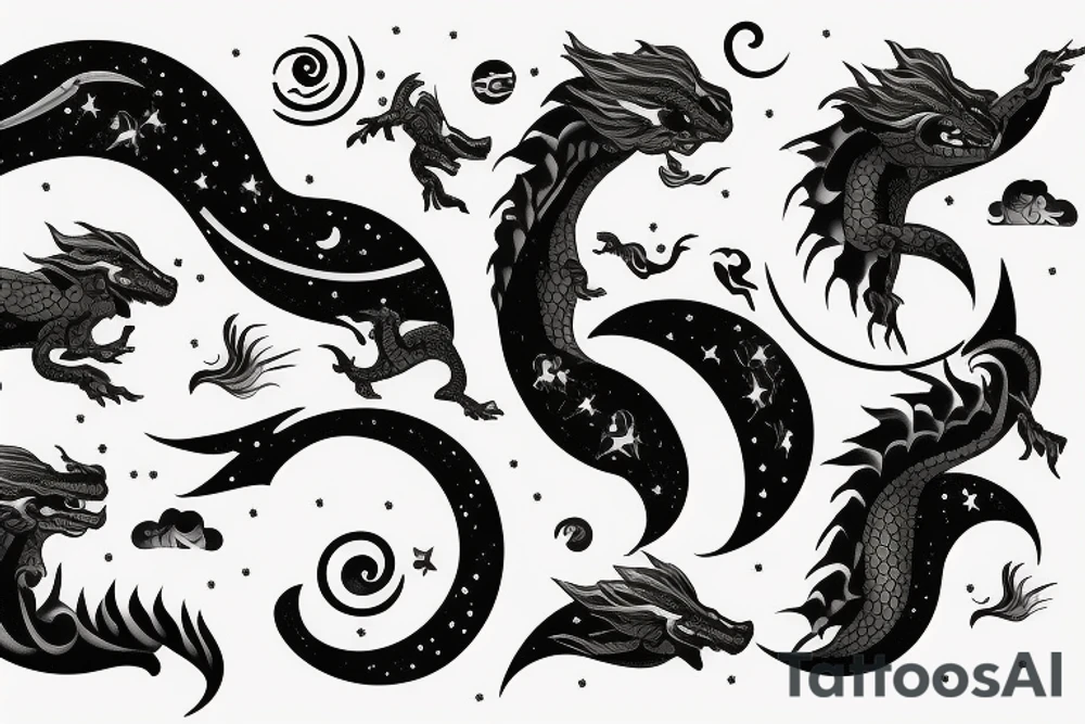a woman surrounded by dragons and a backdrop of the moon with additional waves and mountains tattoo idea